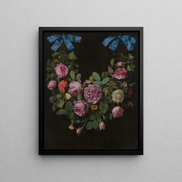 Jan Van Kessel The Elder - A swag of roses suspended from blue ribbons.webp