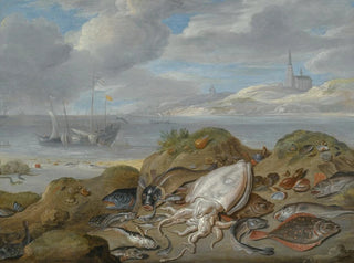 Jan Van Kessel The Elder - Still Life With Cuttle Fish Plaice Cod Mussels And Other Fish On A Dune A Church Across A River Estuary Beyond.webp