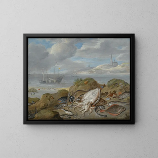 Jan Van Kessel The Elder - Still Life With Cuttle Fish Plaice Cod Mussels And Other Fish On A Dune A Church Across A River Estuary Beyond.webp
