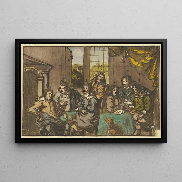 Jan Van Mieris - Sieben Herren in einem Zimmer um einen grnen Tisch sitzend mit Papieren beschftigt dabei ein Hund.webp