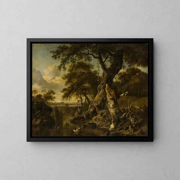 Flusslandschaft mit Fischer und Jäger - Jan Wijnants — gerahmtes Bild an der Wand
