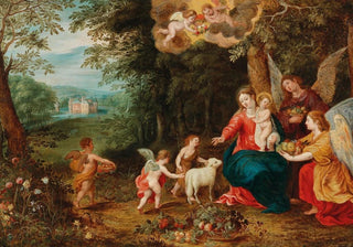 Jan van Balen - The Holy Family with the Infant Saint John and angels in a wooded landscape with a moated castle in the background.webp