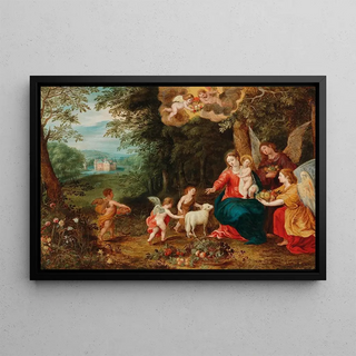 Jan van Balen - The Holy Family with the Infant Saint John and angels in a wooded landscape with a moated castle in the background.webp