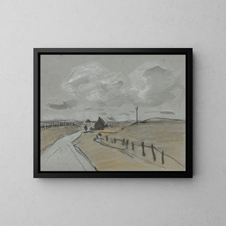 Jan van Essen - Gezicht langs een weg met hoge bermen en hekjes.webp