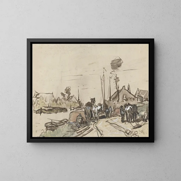 Le déchargement de chariots au bord d'un canal - Jan van Essen — gerahmtes Bild an der Wand