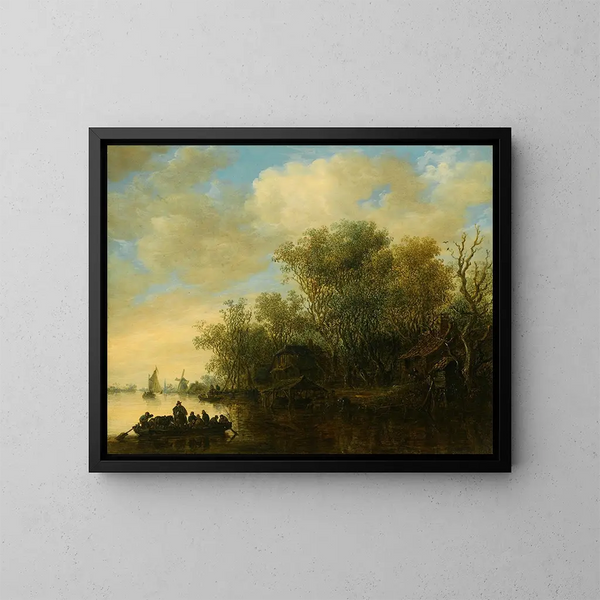 Ein Flusslandschaft mit einer voll beladenen Fähre, die sich einer lebhaften Uferregion nähert - Jan van Goyen — gerahmtes Bild an der Wand