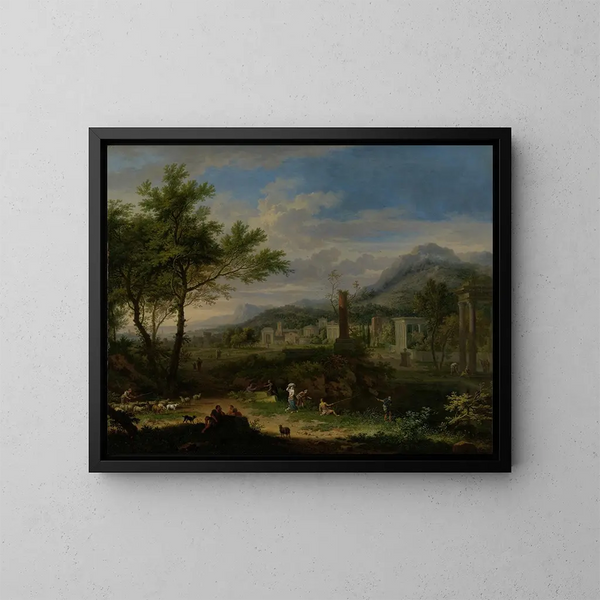 Landschaft im Arcadien mit Fischern - Jan van Huysum — gerahmtes Bild an der Wand