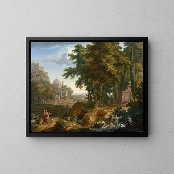 Landschaftsbild mit Heiligen Petrus und Johannes, die den Gelähmten heilen - Jan van Huysum — gerahmtes Bild an der Wand