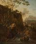 Landscape painting of rocky Italian scenery with mountain stream and chapel - Jan van Huysum — artwork view