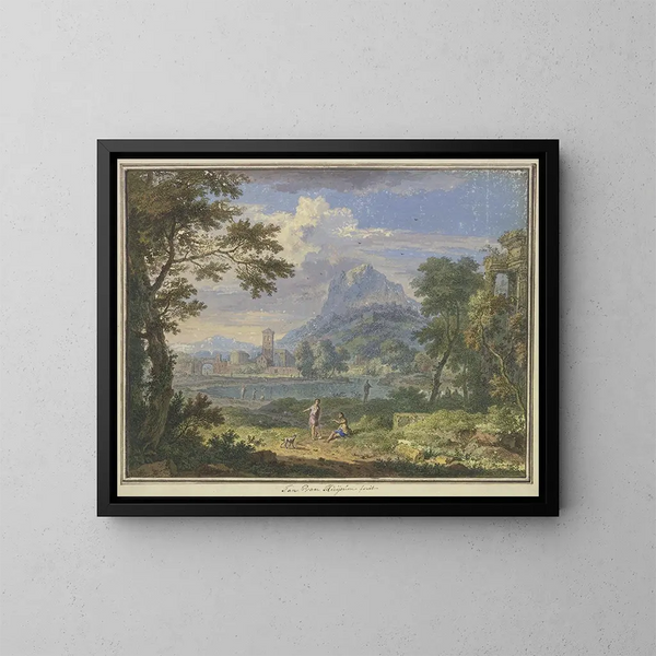 Landschaft mit einer italienischen Stadt in der Nähe eines hohen Berges, rechts die Ruine eines Tempels, im Vordergrund zwei Figuren und ein Hund - Jan van Huysum — gerahmtes Bild an der Wand