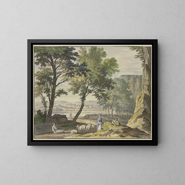 Elegantes Landschaftsgemälde mit Hirten und einer Stadt im Hintergrund - Jan van Huysum — gerahmtes Bild an der Wand