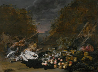 Jan van Kessel the Younger - A still life of a swan and other birds with rabbits fruit and vegetables and a landscape beyond.webp