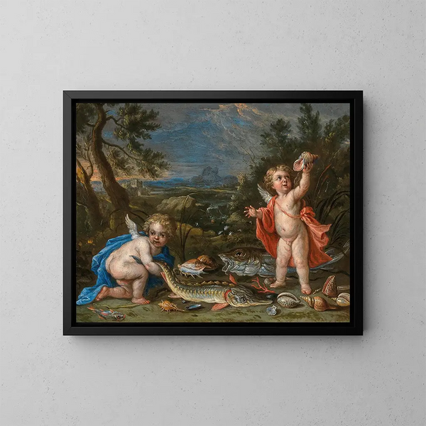 Zwei Putti mit Fischen und Meeresfrüchten - Jan van Kessel der Jüngere — gerahmtes Bild an der Wand