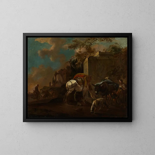 Jan van Ossenbeeck - Italienische Landschaft mit Bauern und Vieh am Brunnen.webp
