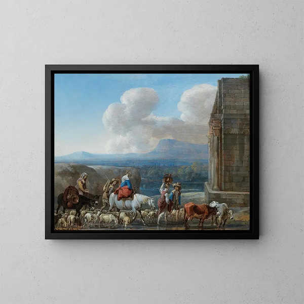 di pastori e viaggiatori vicino a un arco di trionfo nella campagna romana - Jan van den Hecke — quadro incorniciato alla parete
