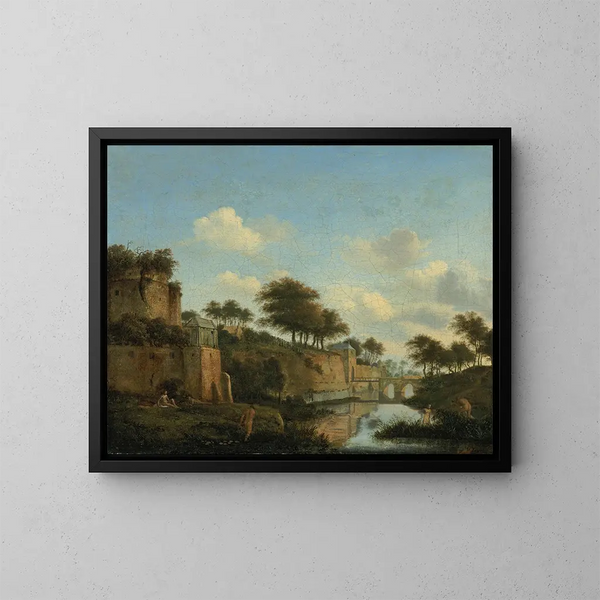 Eine befestigte Stadt mit badenden Figuren - Jan van der Heyden — gerahmtes Bild an der Wand