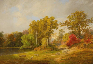 Jasper Francis Cropsey - Autumn Landscape With Shepherd Dog And Sheep.webp