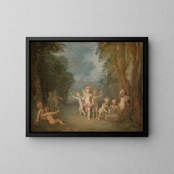 Das Reich der Cupid - Jean-Antoine Watteau — gerahmtes Bild an der Wand