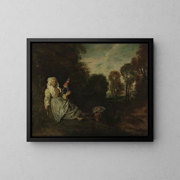 Landschaft am Abend mit einer Spinnerin - Jean-Antoine Watteau — gerahmtes Bild an der Wand