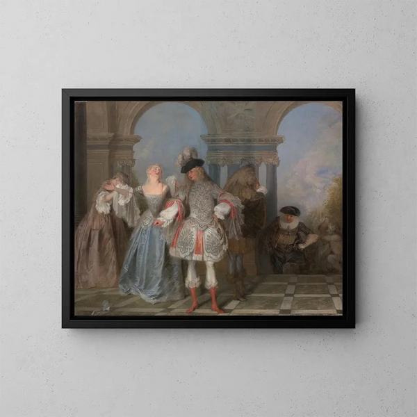Die französischen Komödianten - Jean-Antoine Watteau — gerahmtes Bild an der Wand