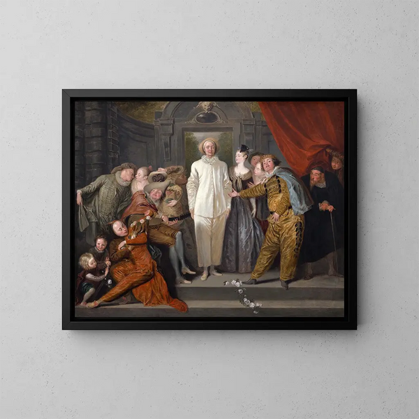 Die italienischen Schauspieler - Jean-Antoine Watteau — gerahmtes Bild an der Wand