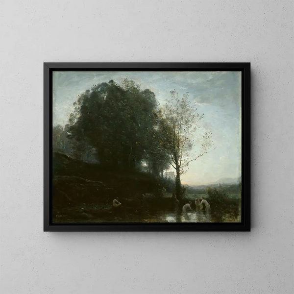 Nymphe und Kind beim Baden - Jean-Baptiste-Camille Corot — gerahmtes Bild an der Wand