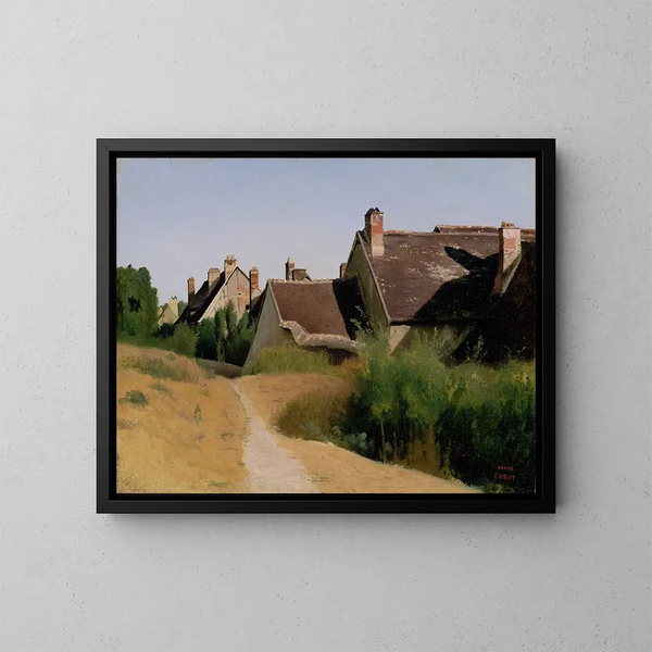 Häuser in der Umgebung von Orléans - Jean-Baptiste-Camille Corot — gerahmtes Bild an der Wand
