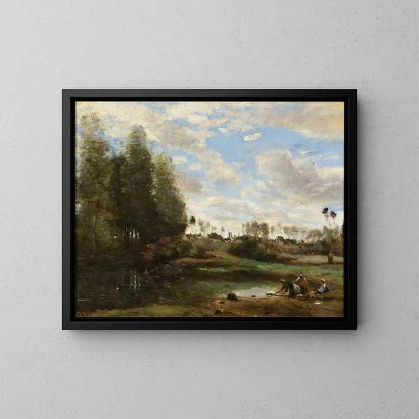 Laveuses au bord de l'eau - Jean-Baptiste-Camille Corot — gerahmtes Bild an der Wand