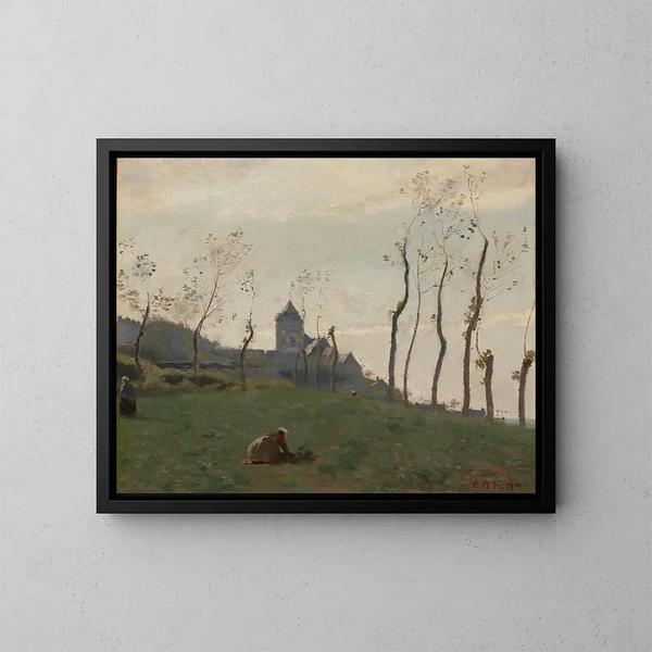 Le Tréport, ein Hafen und eine Kirche - Jean-Baptiste-Camille Corot — gerahmtes Bild an der Wand