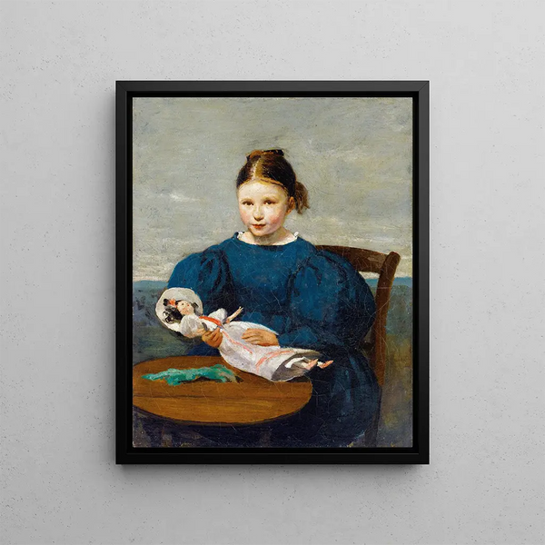 Kleine Mädchen mit Puppe - Jean-Baptiste-Camille Corot — gerahmtes Bild an der Wand