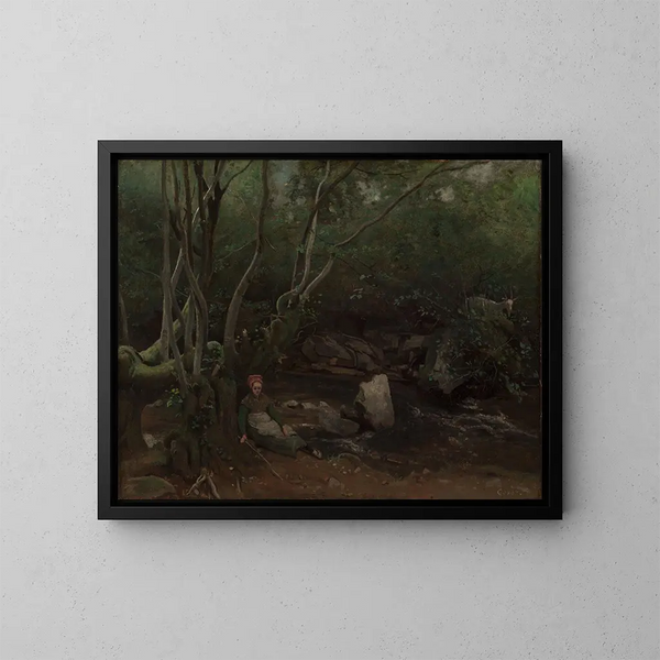 Ziegenmädchen, das neben einem Bach in einem Wald sitzt - Jean-Baptiste-Camille Corot — gerahmtes Bild an der Wand