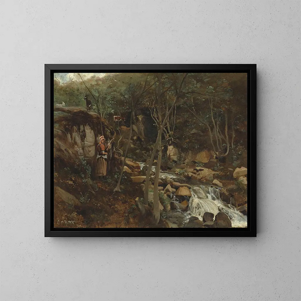 Ein Strom mit einer stehenden Ziege, die läuft - Jean-Baptiste-Camille Corot — gerahmtes Bild an der Wand