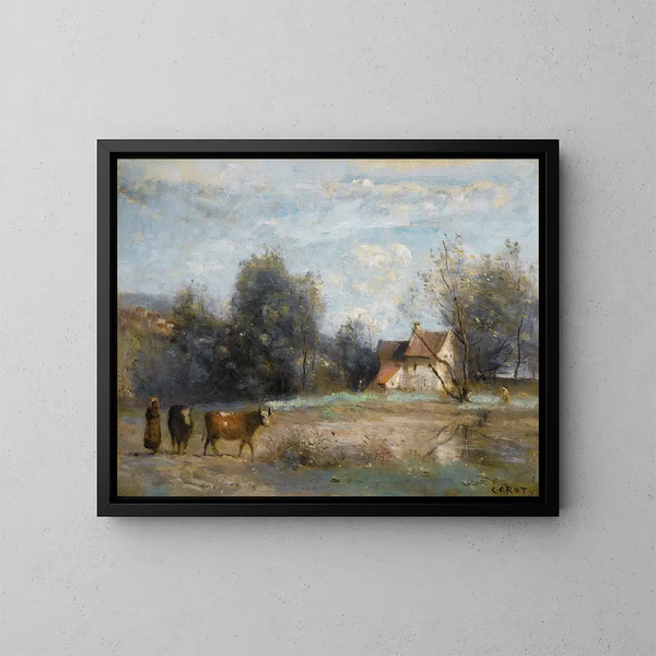Luzancy, kleine Bauernhäuser am Wasserufer - Jean-Baptiste-Camille Corot — gerahmtes Bild an der Wand