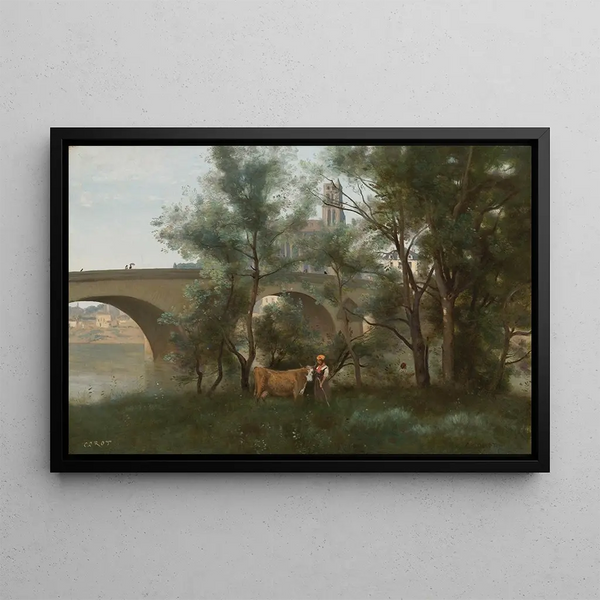Mantes Les bords de la Seine au pied du pont - Jean-Baptiste-Camille Corot — gerahmtes Bild an der Wand