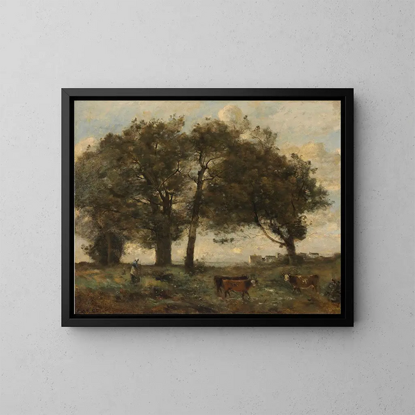 Moorlandschaft mit drei Kühen - Jean-Baptiste-Camille Corot — gerahmtes Bild an der Wand