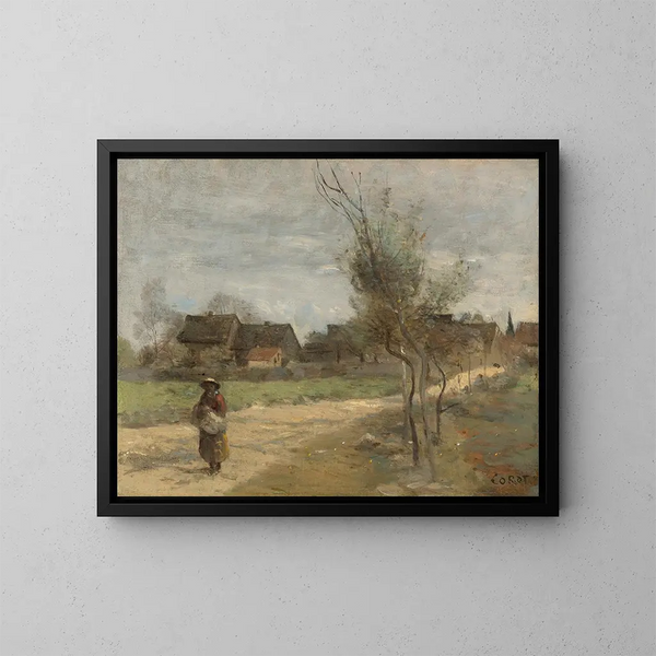 Bauernbild auf einer Straße mit Blick auf ein Dorf - Jean-Baptiste-Camille Corot — gerahmtes Bild an der Wand