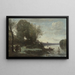 River with a distant tower - Jean-Baptiste-Camille Corot — framed artwork on a wall