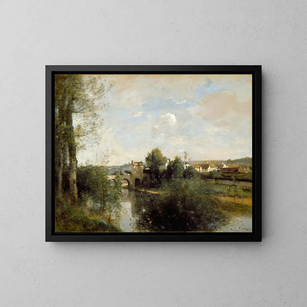 Seine und alte Brücke in Limay - Jean-Baptiste-Camille Corot — gerahmtes Bild an der Wand