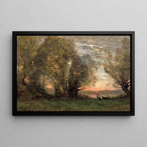 Der Fischer, Abendstimmung - Jean-Baptiste-Camille Corot — gerahmtes Bild an der Wand