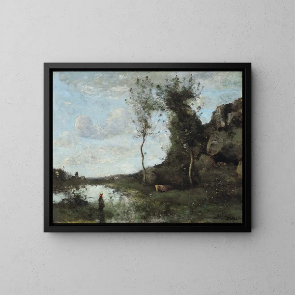 Eine Bäuerin mit ihrer Kuh, der Teich mit Blick auf ein Dorf - Jean-Baptiste-Camille Corot — gerahmtes Bild an der Wand