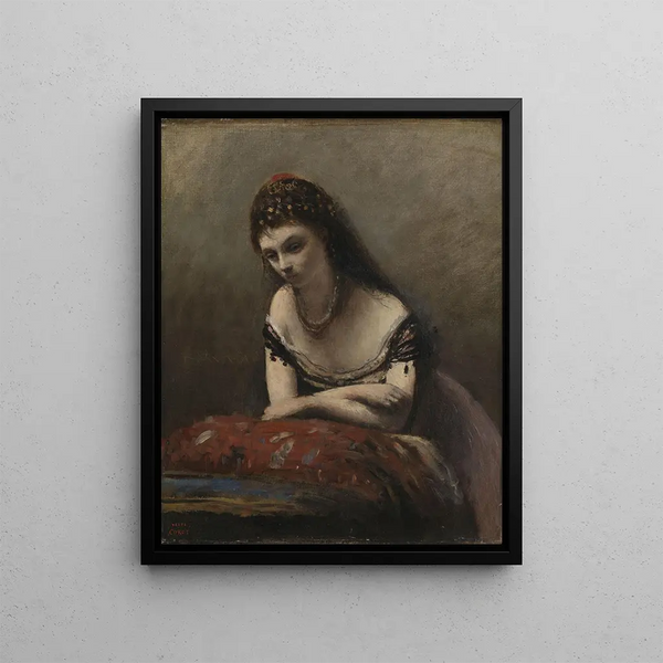 Junge Frau, die auf einem Kissen lehnt - Jean-Baptiste-Camille Corot — gerahmtes Bild an der Wand