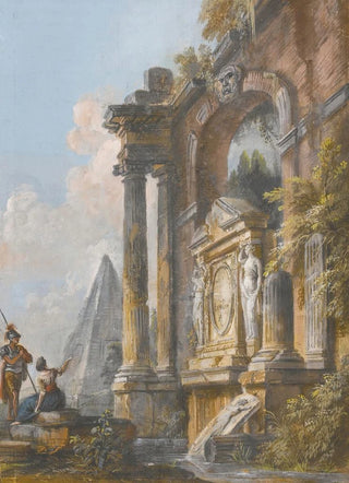 JeanBaptiste Lallemand - A View Of The Pyramid Of Caius Cestius And Ancient Ruins With A Soldier And Young Lady In The Foreground.webp