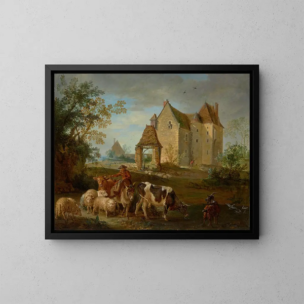 Un paesaggio con un pastore che conduce animali al pascolo, un castello in lontananza - Jean-Baptiste Oudry — quadro incorniciato alla parete