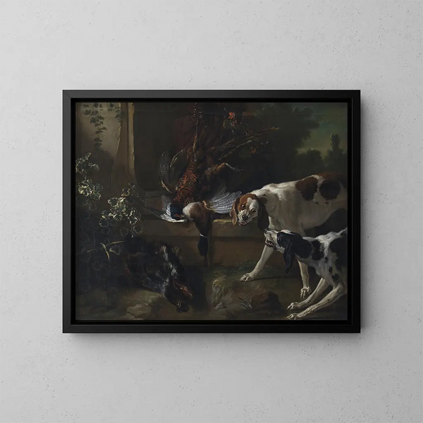 Cani con selvaggina e uccelli selvatici - Jean-Baptiste Oudry — quadro incorniciato alla parete