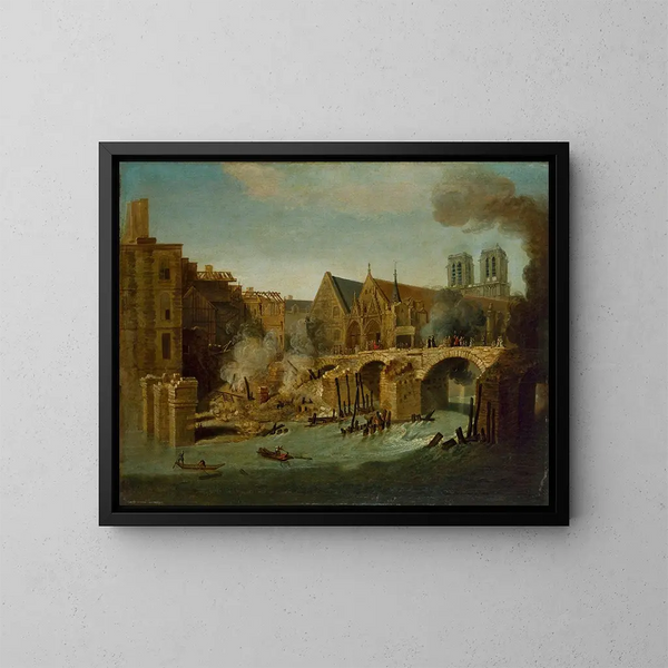Le Petit Pont après l'incendio del 1718 - Jean-Baptiste Oudry — quadro incorniciato alla parete