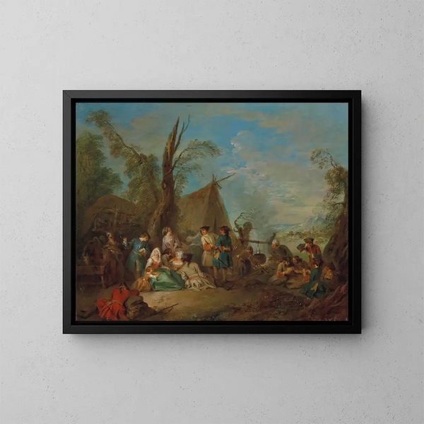 Soldati e vivandieri che cucinano e si riposano intorno a un falò, un carro e una tenda in lontananza - Jean-Baptiste Pater — quadro incorniciato alla parete