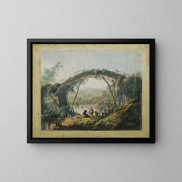 Una coppia di paesaggi fluviali con figure che si avvicinano a un ponte - Jean-Baptiste Pillement — quadro incorniciato alla parete