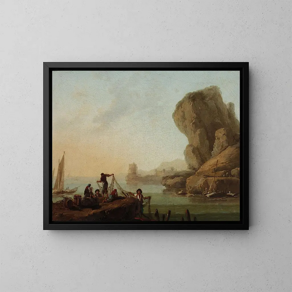 Pescatori che tirano le reti al bordo del mare - Jean-Baptiste Pillement — quadro incorniciato alla parete