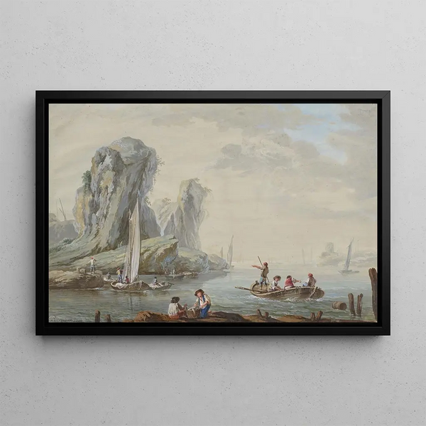 JeanBaptiste Pillement - Meeresbucht mit groen Felsen links und Fischern.webp