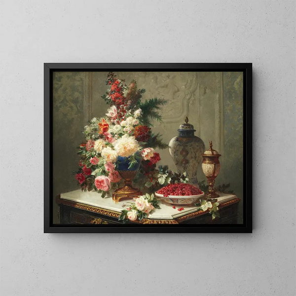 Stillleben mit Blumen und Himbeeren - Jean-Baptiste Robie — gerahmtes Bild an der Wand